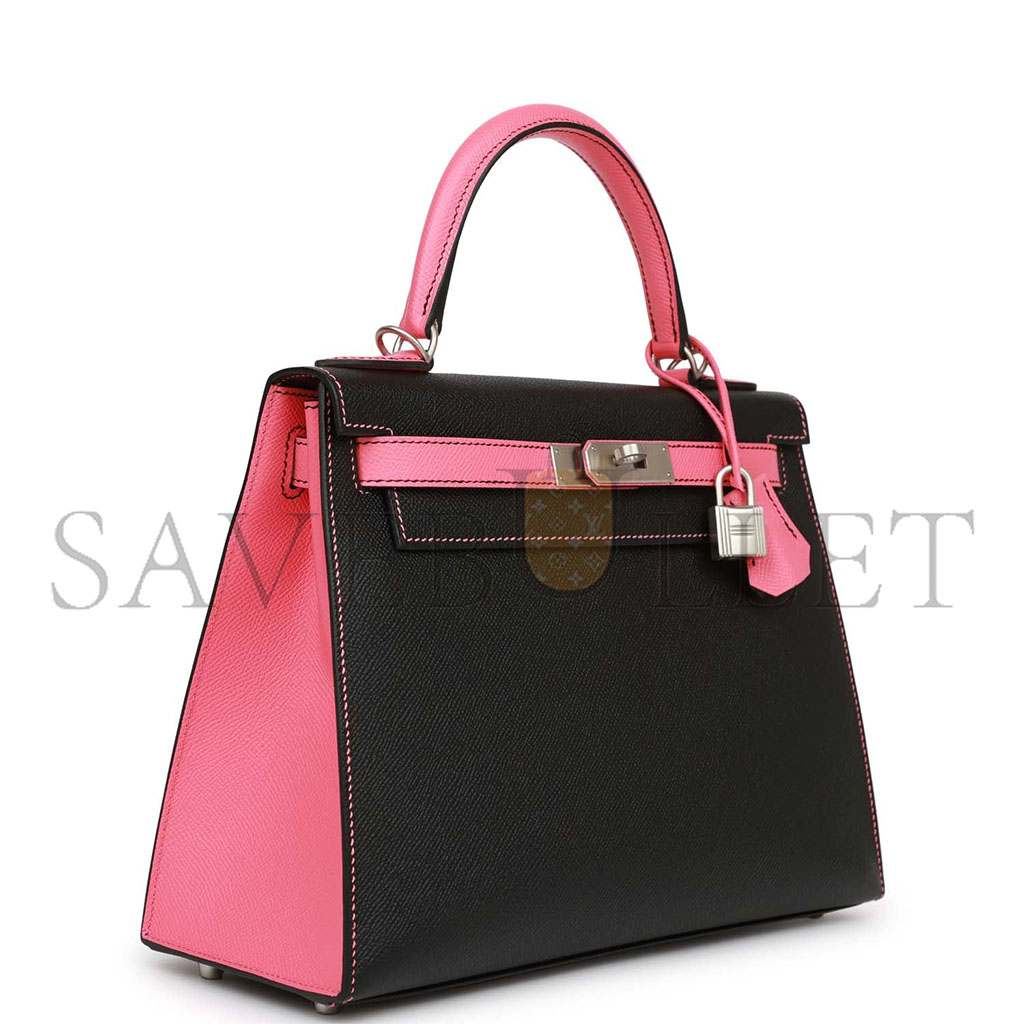 HERMÈS KELLY 25 BLACK AND ROSE AZALEE EPSOM HARDWARE (25*17*7cm) 